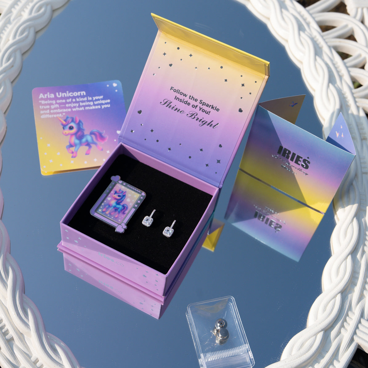 Sterling Silver Halo Earrings Gift Set with Aria Unicorn Pin