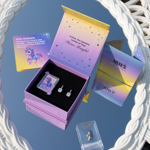 Sterling Silver Halo Earrings Gift Set with Aria Unicorn Pin
