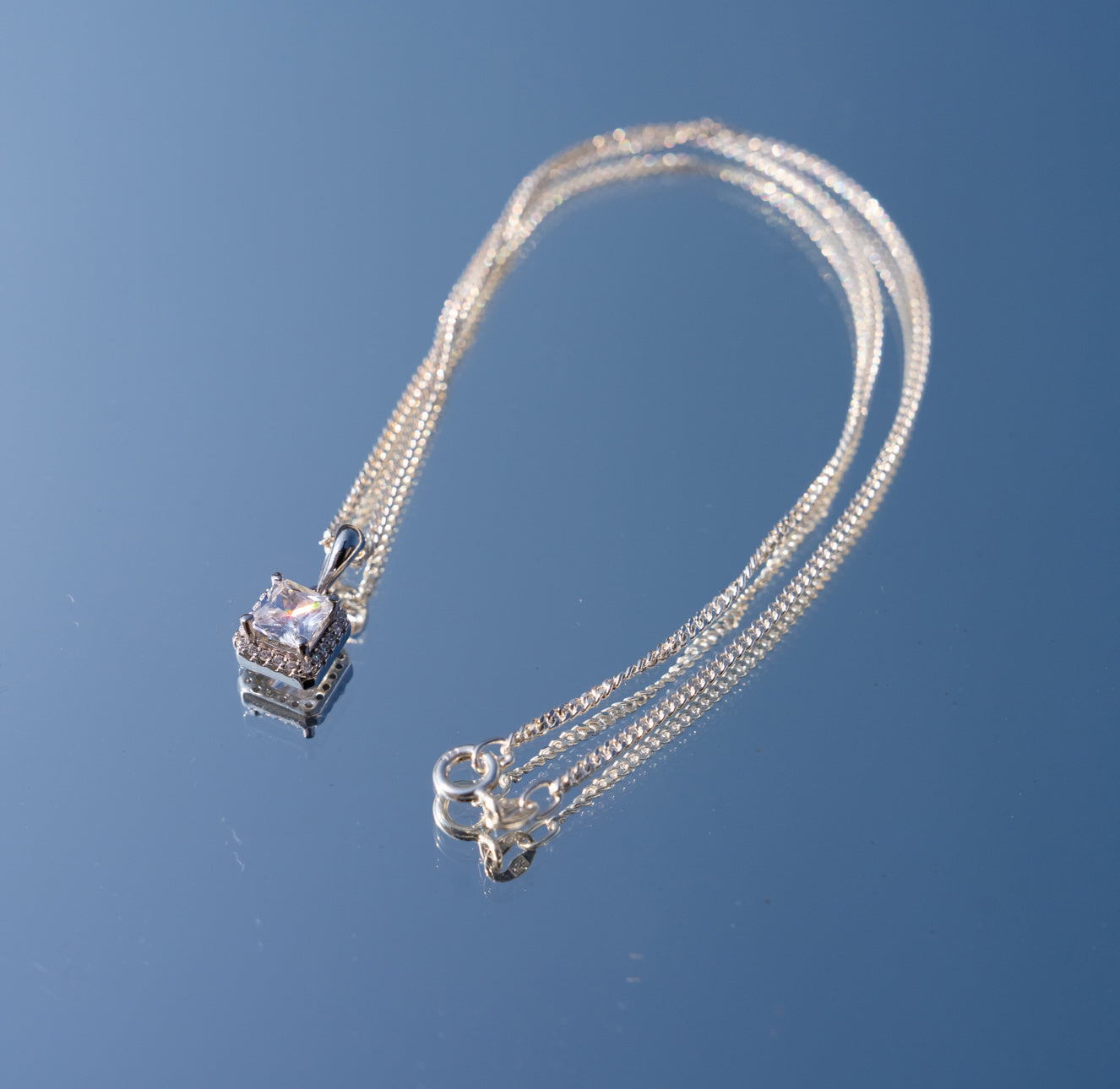 Sterling Silver Square Halo Pendant Necklace IRIES Gift Set