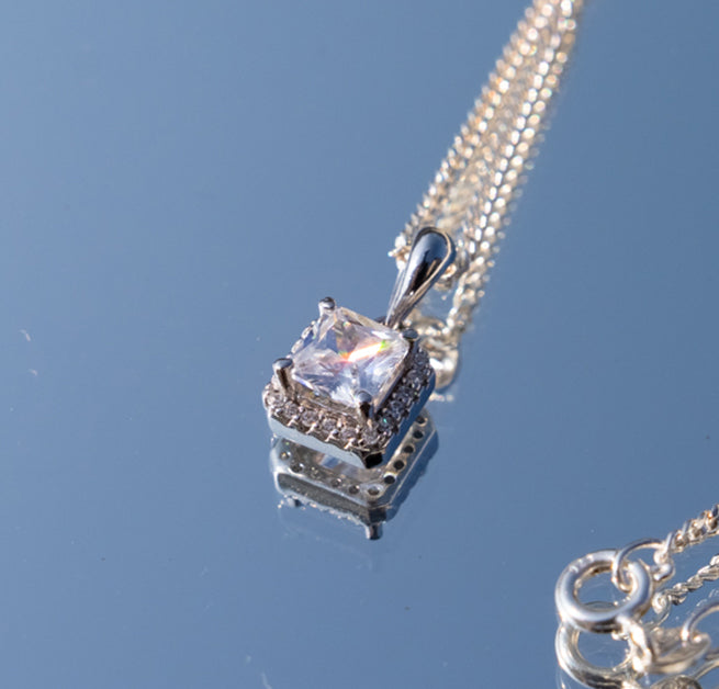 Sterling Silver Square Halo Pendant Necklace IRIES Gift Set