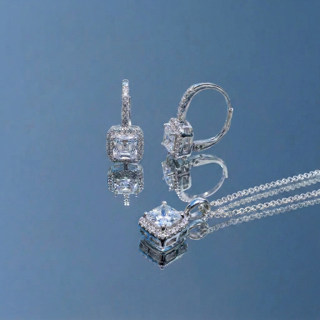 Sterling Silver Halo Earrings and Pendant. Gift Set with Aria Unicorn Pin